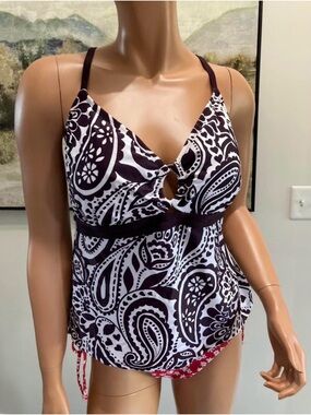 Merona dark plum purple and White Paisley One-Piece Swim Top tankini XL new